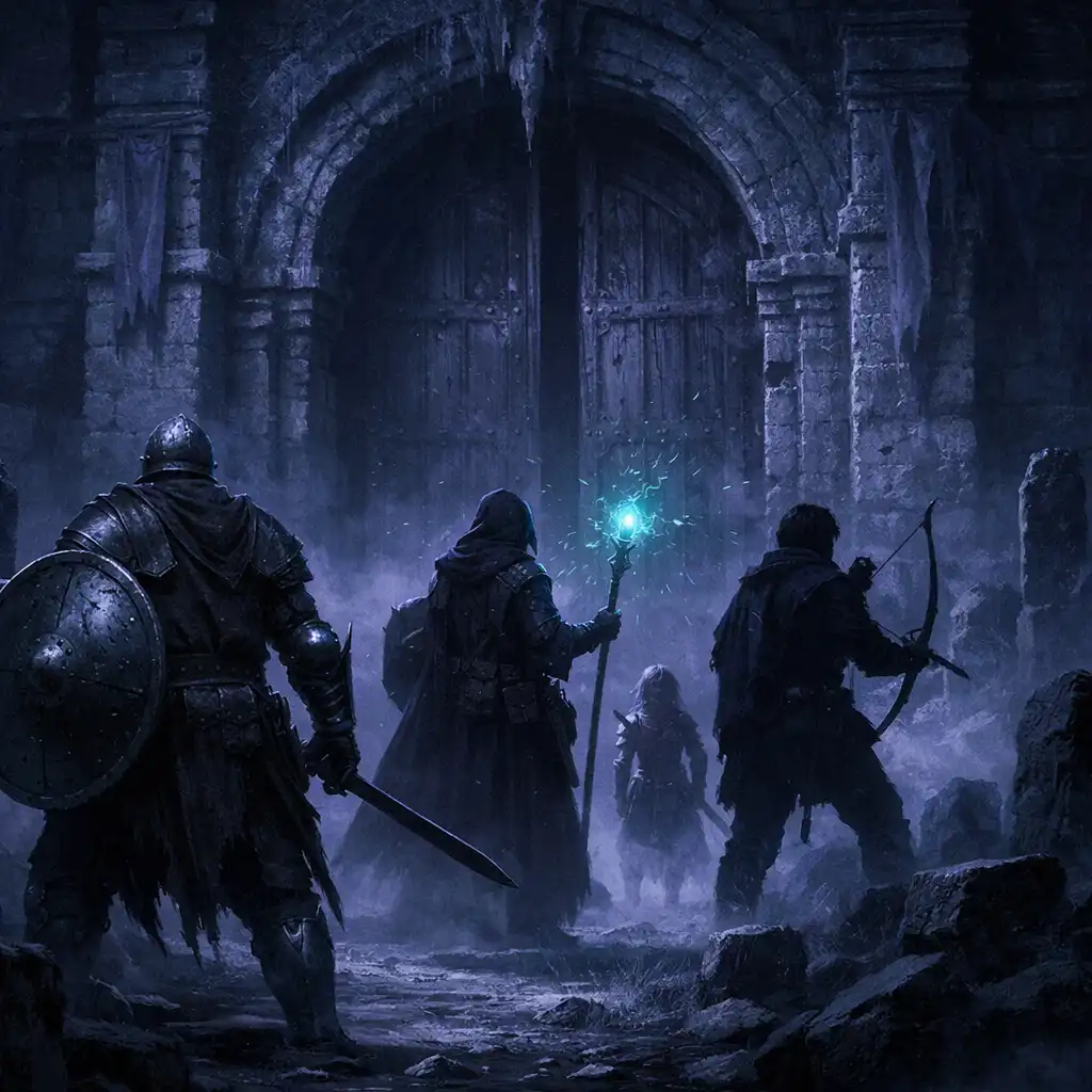 Gildia zbiera się przed monumentalną kamienną bramą lochu nocą.