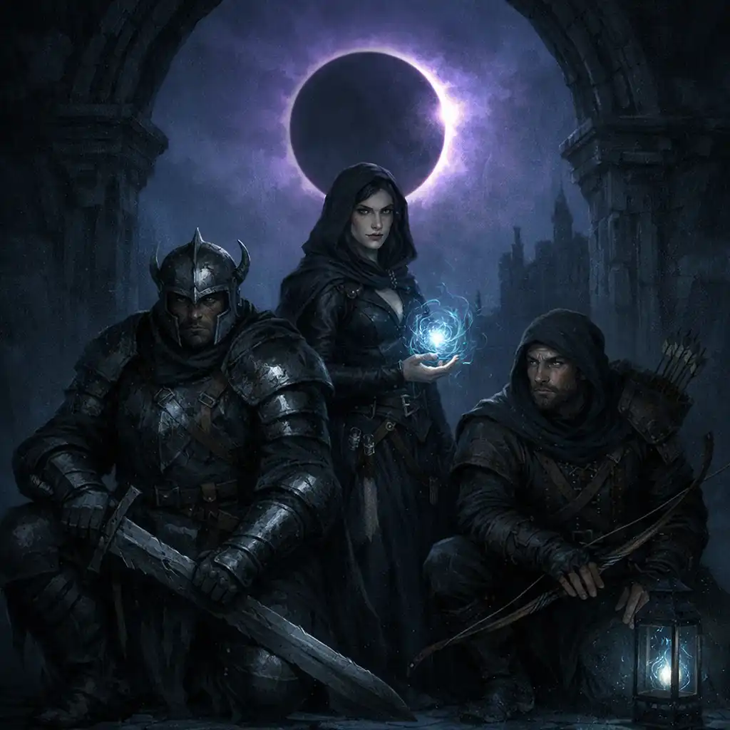 Trzy postacie drużyny dark fantasy zebrane w księżycowym obserwatorium