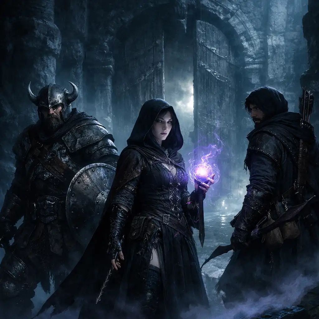 Trzy postacie dark fantasy stojące przed wejściem do podziemnych ruin