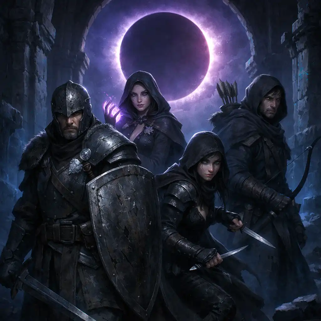 Czteroosobowa drużyna dark fantasy patrząca ku fioletowemu zaćmieniu